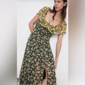 Zara Floral Print Ruched Ruffle Midi Dress Black Yellow Flutter Sleeve